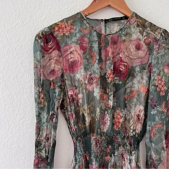Zara Rare Viral Floral Sheer Midi Dress Sz M - Picture 7 of 11